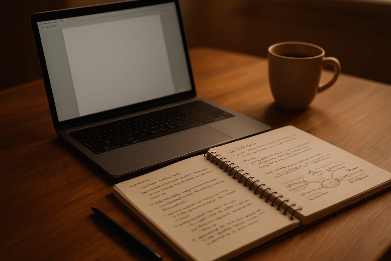 an image of a computer on a warm brown table and a workbook next to it, showing that someone is learning